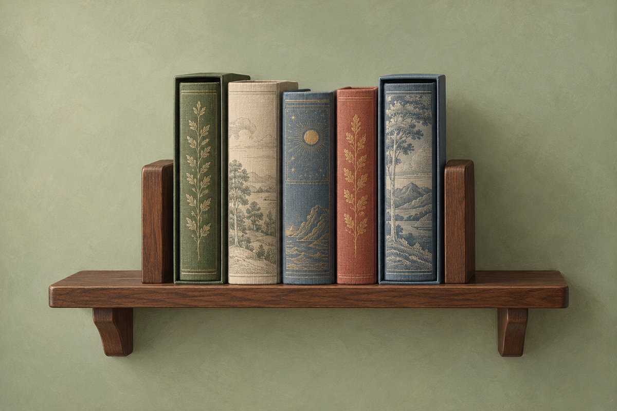 Illustration of clothbound books and slipcases supported upright between bookends