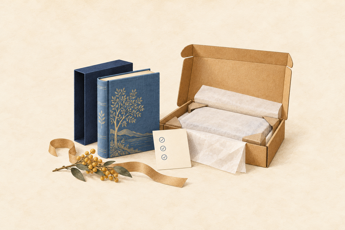 Illustration of a clothbound book and slipcase beside protective packaging and a checklist