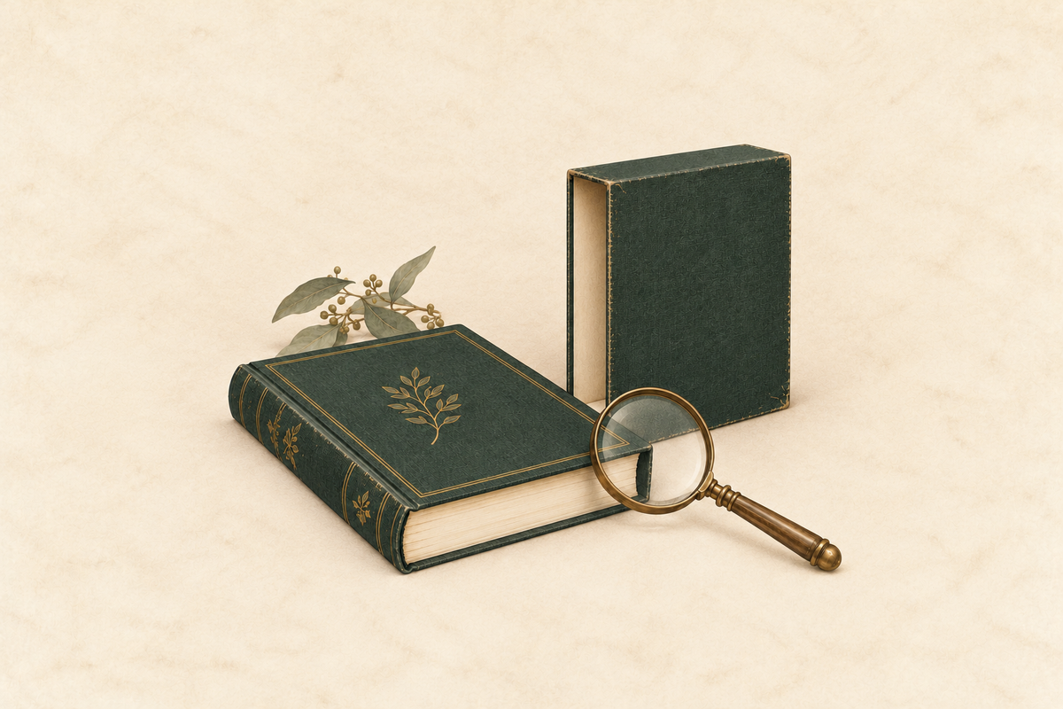 Illustration of a green clothbound book, a side-opening slipcase and a magnifying glass