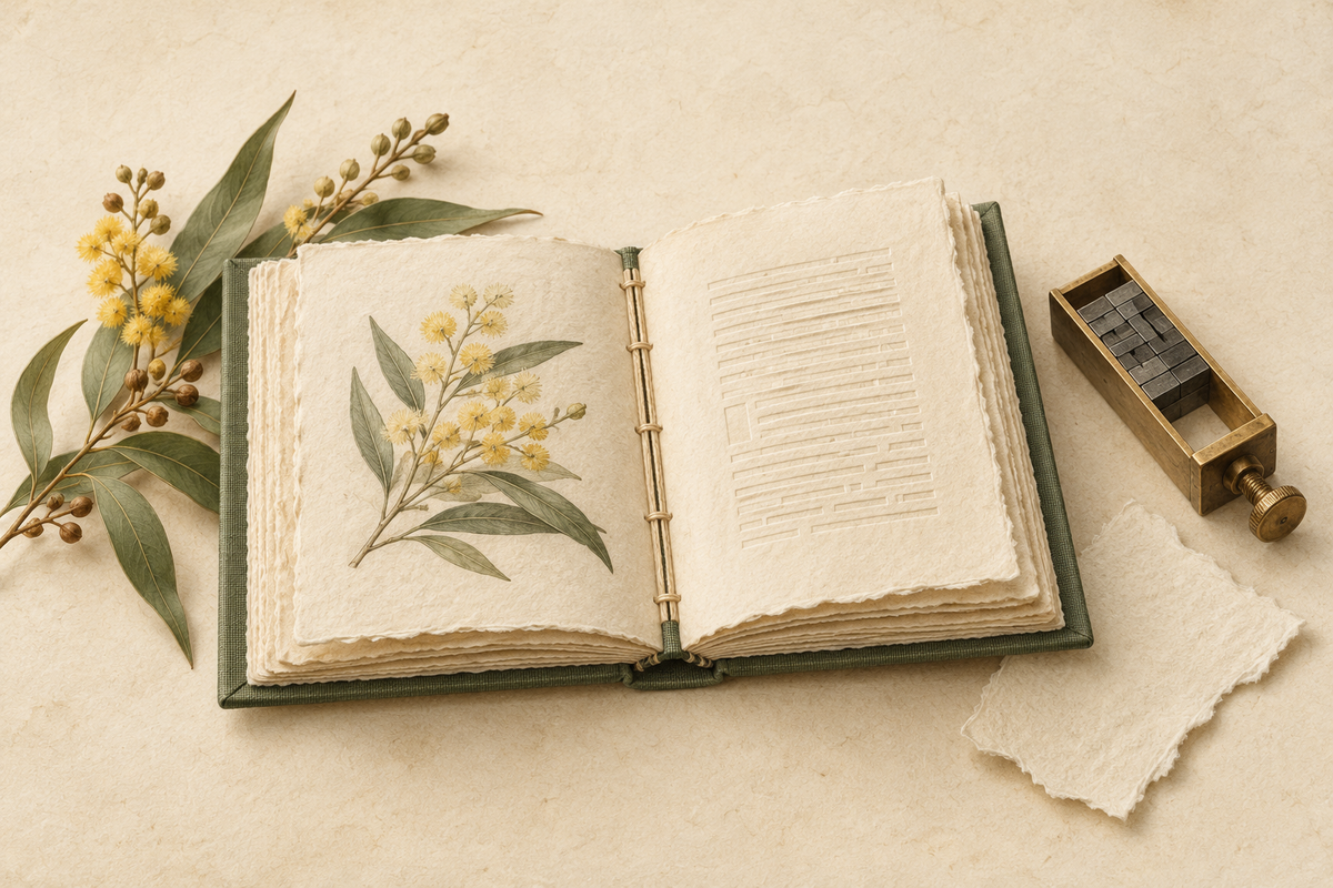 Illustration of an open handmade book with deckled paper and a traditional composing tool