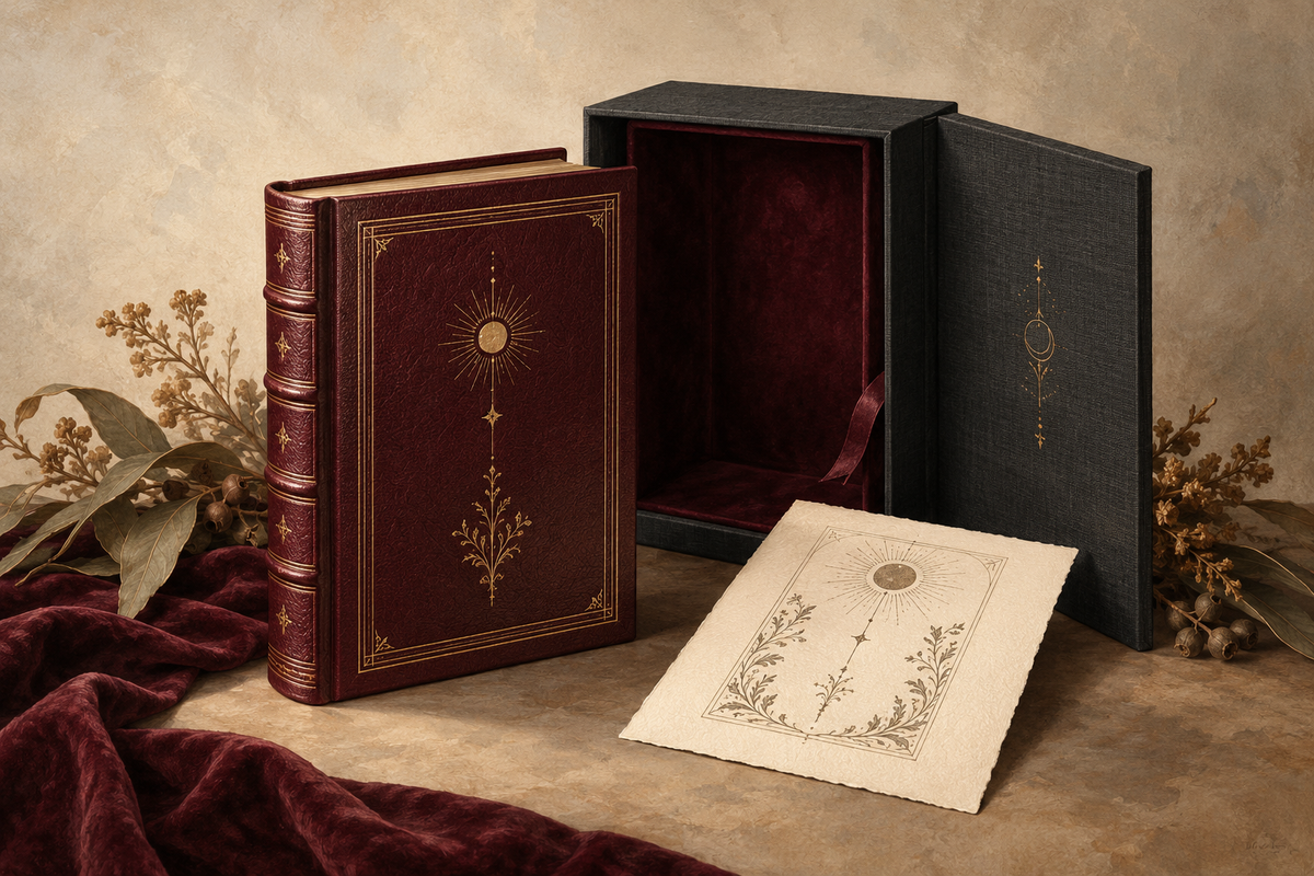 Illustration of a leatherbound collectible book with a presentation box and decorative leaf
