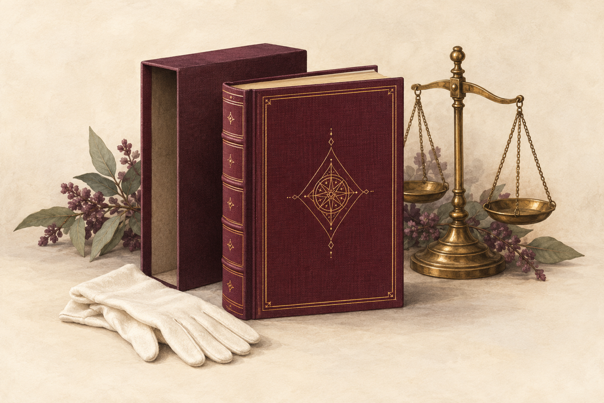 Illustration of a decorative clothbound book, slipcase, archival gloves and brass scales